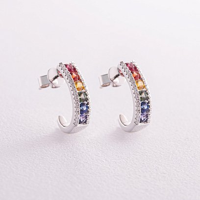 Золотые серьги - пусеты с разноцветными сапфирами и бриллиантами сб0405nl