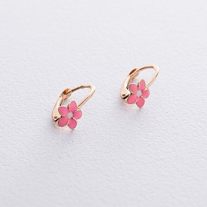 Золотые детские серьги "Цветки" с эмалью с01593