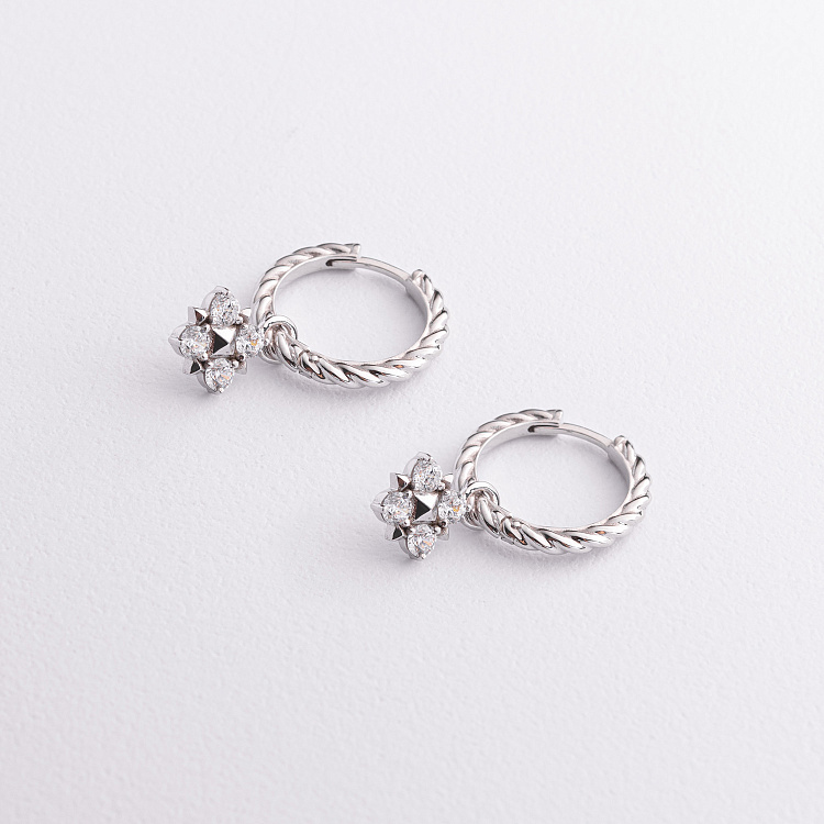 Золотые серьги - кольца "Клевер" с фианитами 2 в 1 с09531 от ювелирного магазина Оникс - 2