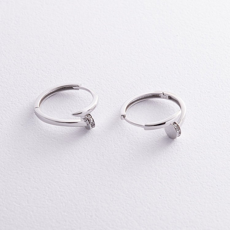 Серьги - кольца "Гвоздь" в белом золоте (фианиты) с08342 от ювелирного магазина Оникс - 4