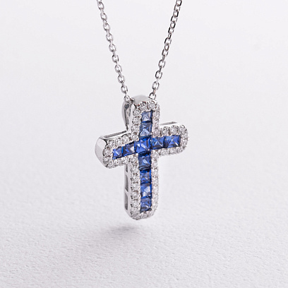 Колье "Крестик" в белом золоте (бриллианты, сапфиры) колб0201mi
