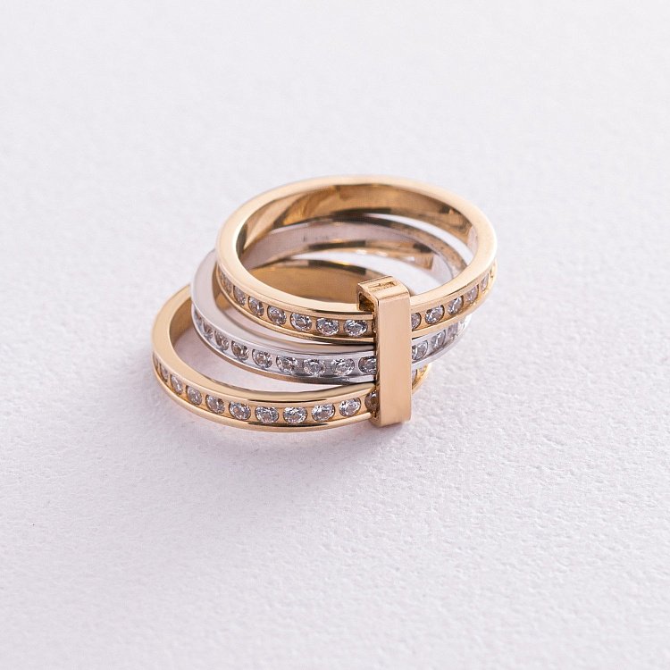 Золота потрійна каблучка з фіанітами к02639 від ювелірного магазину Онікс - 3