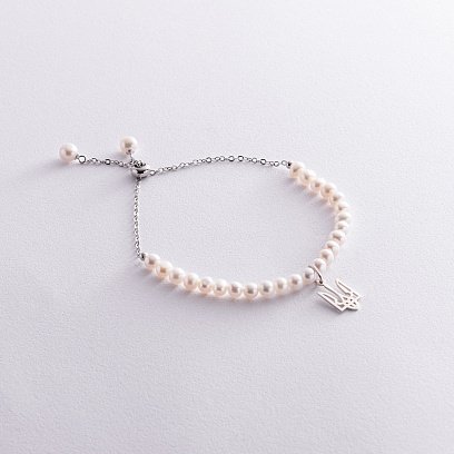 Срібний браслет "Герб України - Тризуб" з перлами 1051