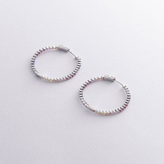 Серебряные серьги - кольца с разноцветными фианитами 123304 №3