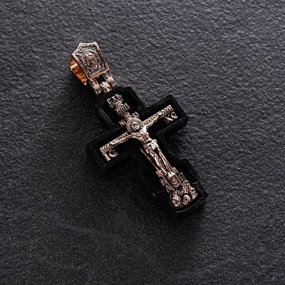 Золотой крест "Распятие. Пресвятая Богородица" с эбеновым деревом 632зч №4