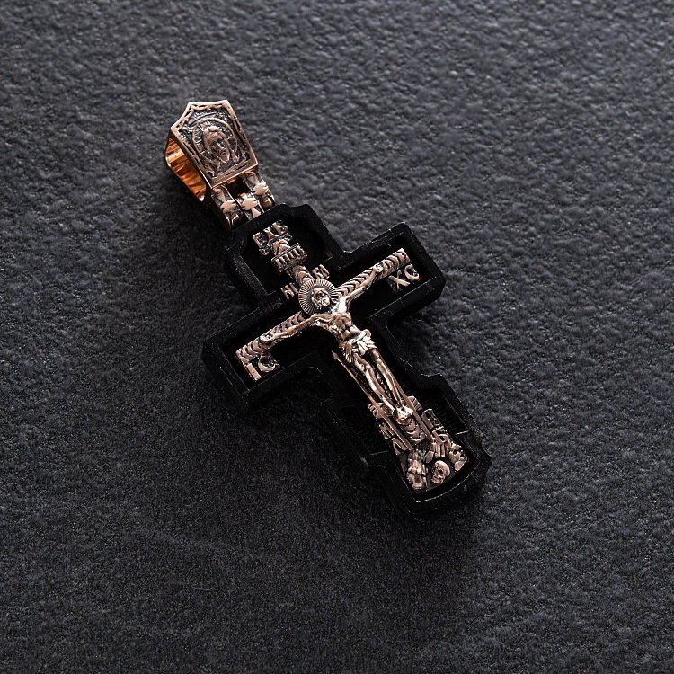 Золотой крест "Распятие. Пресвятая Богородица" с эбеновым деревом 632зч от ювелирного магазина Оникс - 4