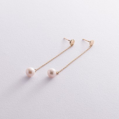 Сережки - пусети "Перлина на ланцюжку" у жовтому золоті с08294 №5