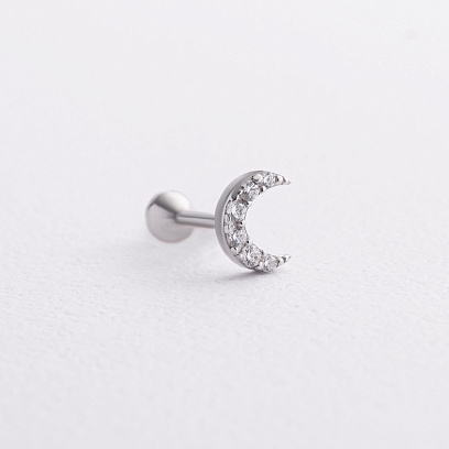 Одиночна срібна сережка "Луна" в хрящ вушка (фіаніти) 40107