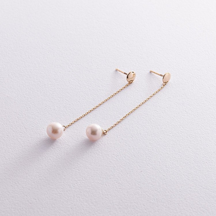 Сережки - пусети "Перлина на ланцюжку" у жовтому золоті с08294 від ювелірного магазину Онікс - 4