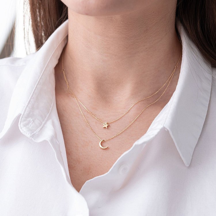 Подвійне кольє "Зірка і місяць" в жовтому золоті кол01875 від ювелірного магазину Онікс - 11