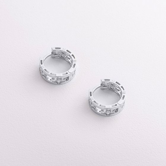 Сережки - кільця "Конюшина" в білому золоті (фіаніти) с09564 №3