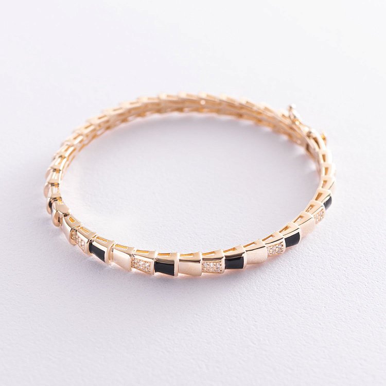 Жорсткий браслет в жовтому золоті (фіаніт, емаль) б04503 від ювелірного магазину Онікс