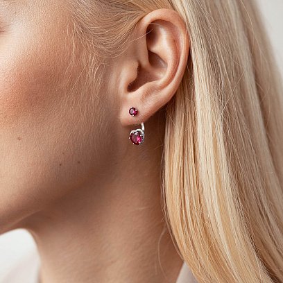 Серебряные серьги - пусеты "Сердечки" с рубином и фианитами  2713/9р-HRUB №2