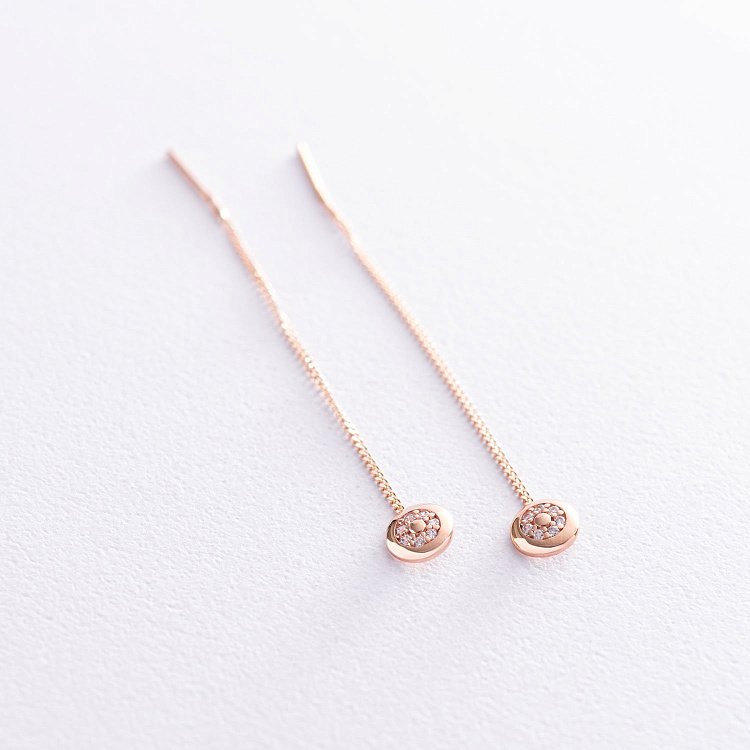 Сережки-протяжки в червоному золоті з фіанітами с07062 від ювелірного магазину Онікс