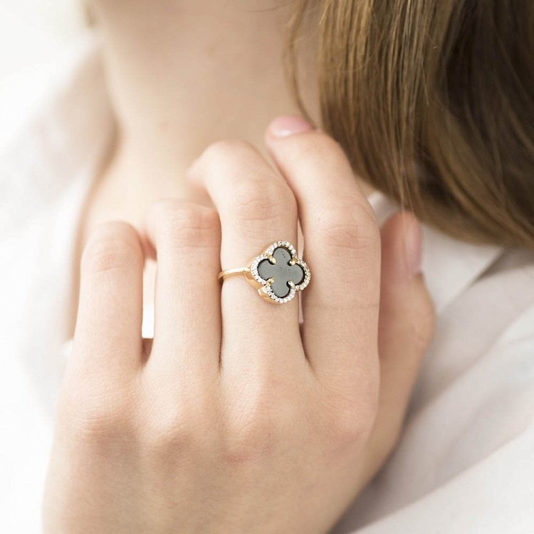 Золотые серьги "Клевер" (фианиты, оникс) с05126 от ювелирного магазина Оникс - 2