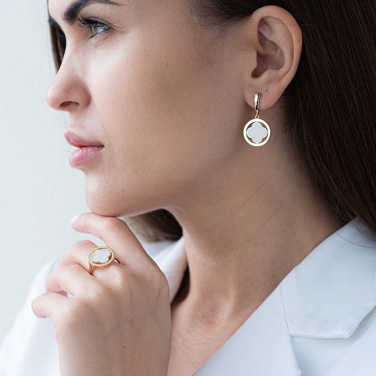 Серьги "Клевер" в желтом золоте (эмаль) с07180 от ювелирного магазина Оникс - 1