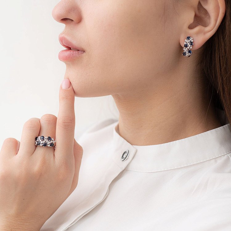 Золота каблучка з сапфірами і діамантами R3843Scha від ювелірного магазину Онікс - 3