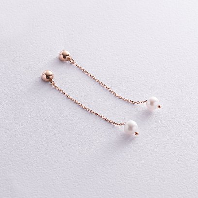 Серьги - пусеты "Жемчужина на цепочке" в красном золоте с08291 №5