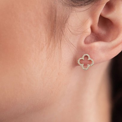 Сережки - пусети "Конюшина" з фіанітами (жовте золото) с08436 №7