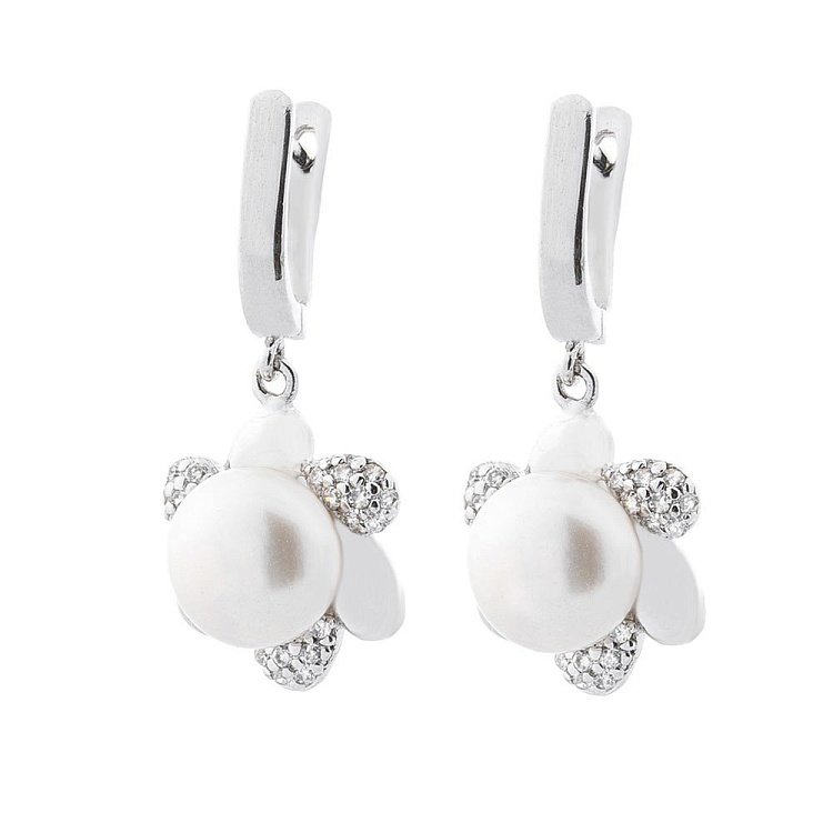 Серебряные серьги "Цветочки" (культ. пресн. жемчуг, фианиты) 121756 от ювелирного магазина Оникс - 2