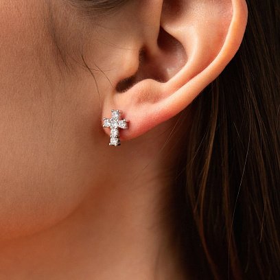 Серебряные серьги - пусеты "Крестики" (фианиты) 058310 №4