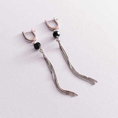 Серебряные висячие серьги с черными камнями 123154 №5