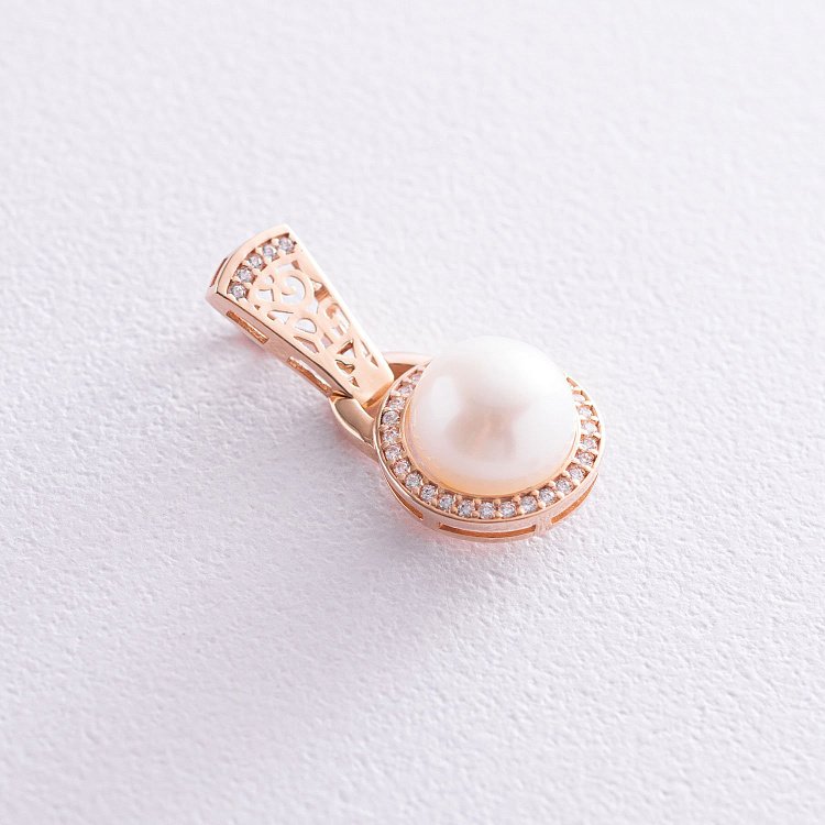 Золотая подвеска с жемчугом и фианитами п03437 от ювелирного магазина Оникс