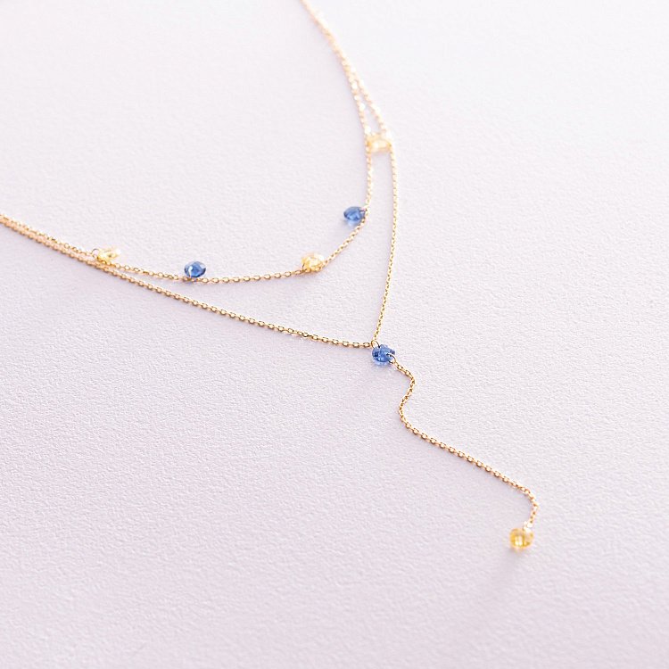 Золотое колье - галстук "Украинка" (синие и желтые фианиты) кол02329 от ювелирного магазина Оникс