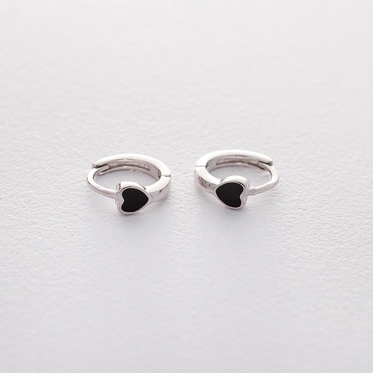 Срібні сережки - кільця з сердечками (емаль) 122454 від ювелірного магазину Онікс