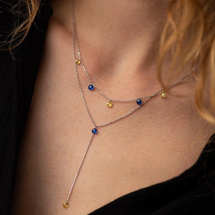 Двойное золотое колье - галстук "Украинка" (синие и желтые фианиты) кол02332 от ювелирного магазина Оникс - 5