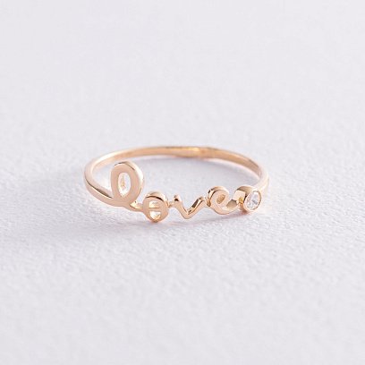 Каблучка "Love" в жовтому золоті з фіанітом к06762