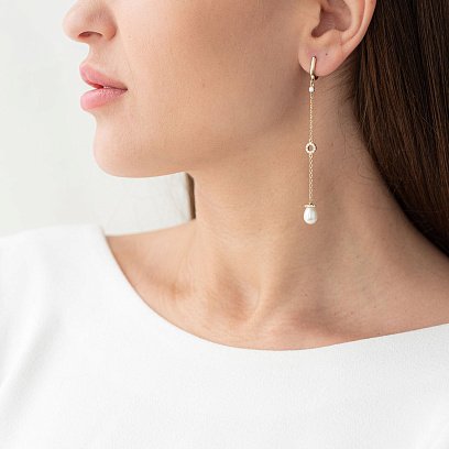 Сережки в жовтому золоті (перли, фіаніти) с06886 №2