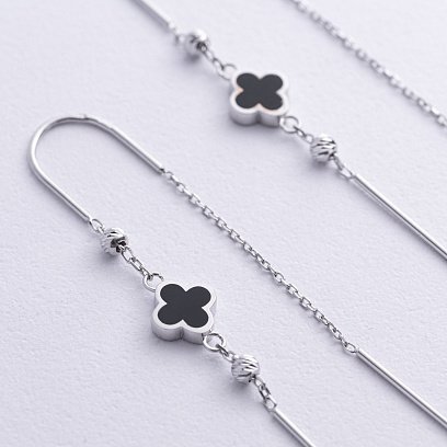 Золотые серьги - протяжки "Клевер" (эмаль) с08844 №3