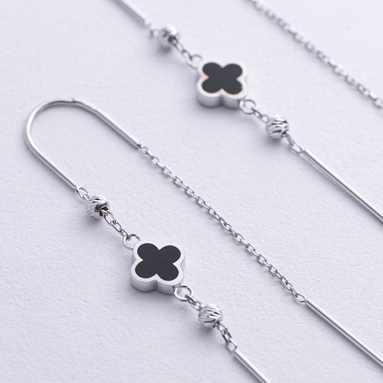 Золотые серьги - протяжки "Клевер" (эмаль) с08844 от ювелирного магазина Оникс - 2