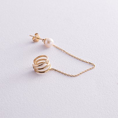 Серьга - каффа "Тринити" с жемчужиной (желтое золото) с08260 №7