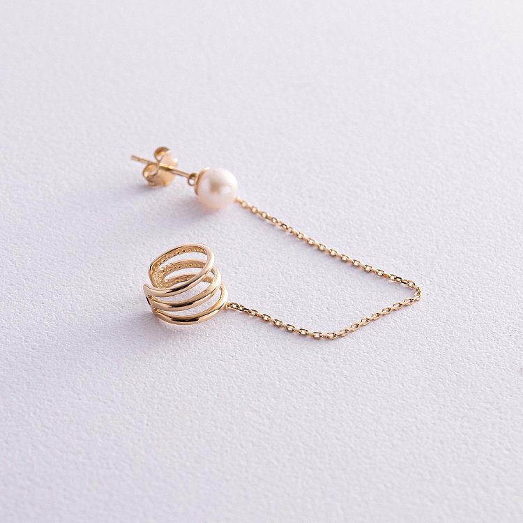 Серьга - каффа "Тринити" с жемчужиной (желтое золото) с08260 от ювелирного магазина Оникс - 7