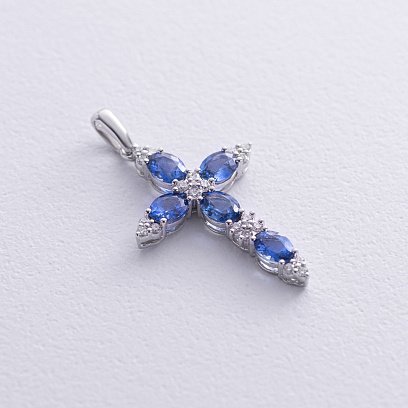 ?Золотий хрестик із синіми сапфірами і діамантами пб0327gm