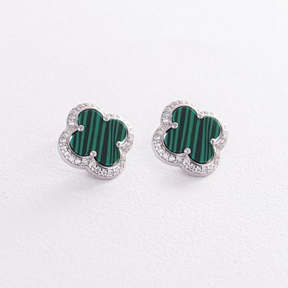 Серебряные серьги - пусеты "Клевер" (малахит, фианиты) 158/1м