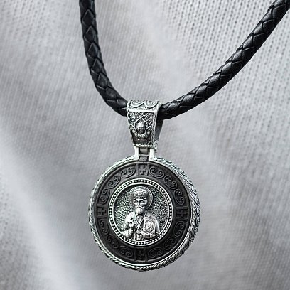 Срібний кулон "Миколай Чудотворець. Молитва" (ебенове дерево) 964 №2