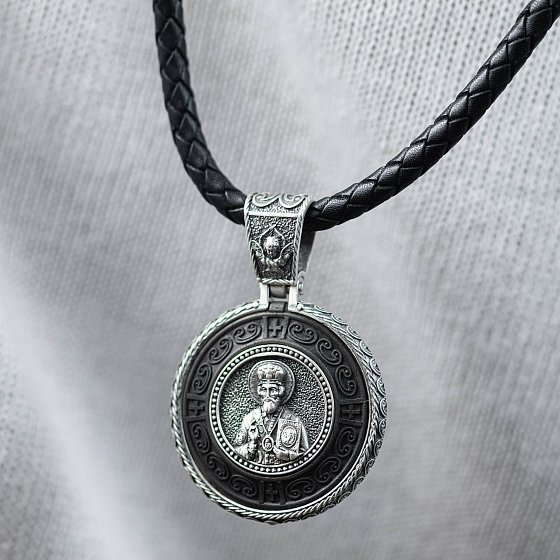 Срібний кулон "Миколай Чудотворець. Молитва" (ебенове дерево) 964 №2