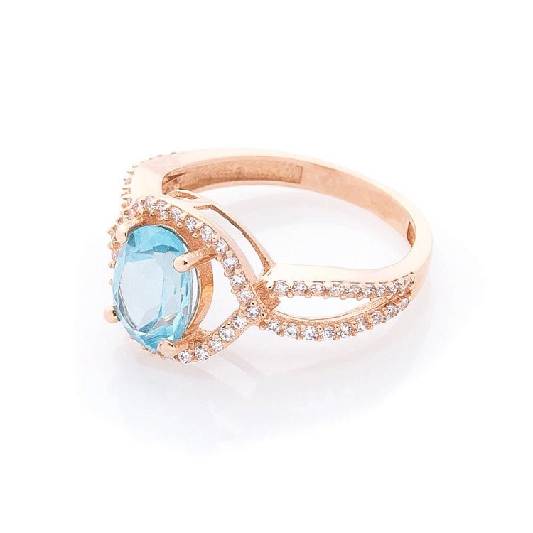 Золотое кольцо с голубым топазом и фианитами к04656 от ювелирного магазина Оникс - 1