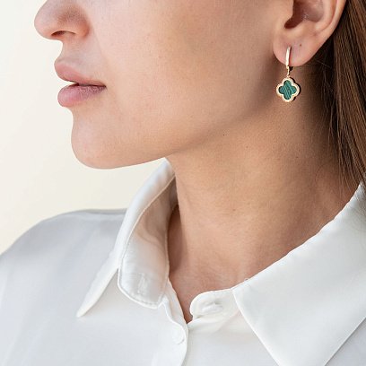 Сережки "Конюшина" в жовтому золоті (малахіт) с07545 №2