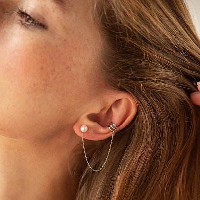 Серьга - каффа "Тринити" с жемчужиной (белое золото) с08251 №7