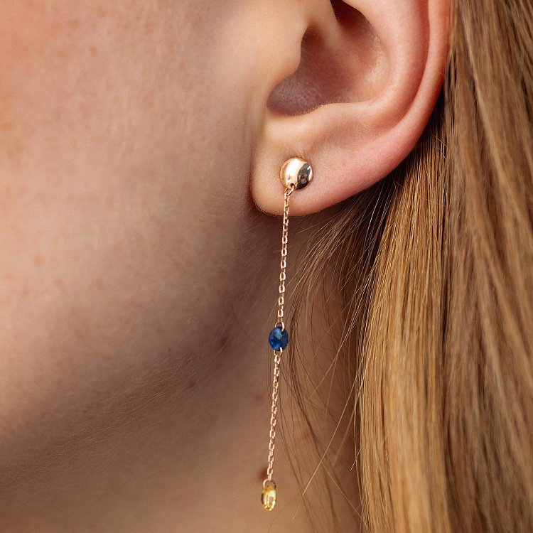 Висячие золотые серьги - пусеты "Украинка" (голубые и желтые фианиты) с08100 от ювелирного магазина Оникс - 2