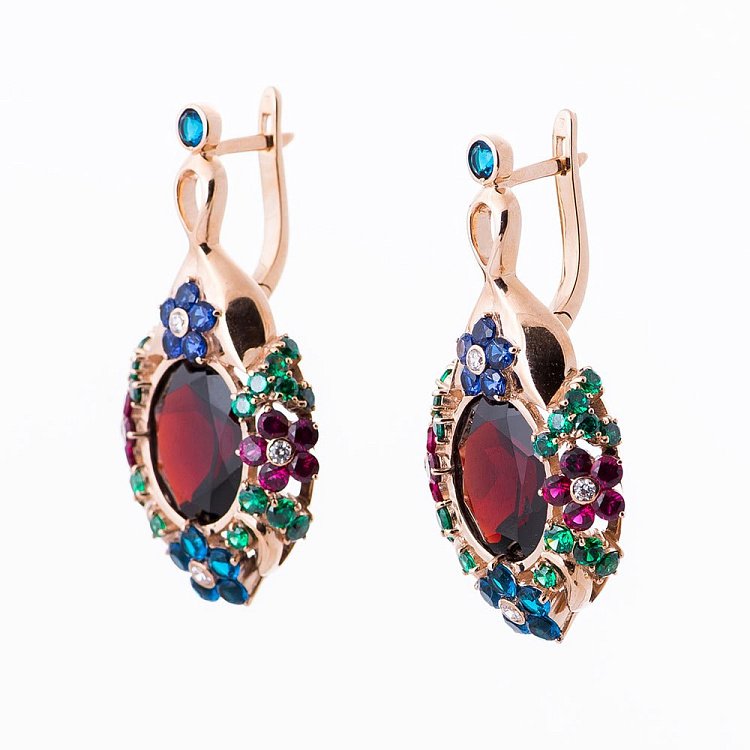 Золотые серьги с гранатом и фианитами 14048496 от ювелирного магазина Оникс - 1