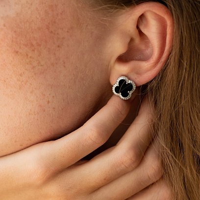 Серебряные серьги - пусеты "Клевер" (оникс, фианиты) 158/1о №2