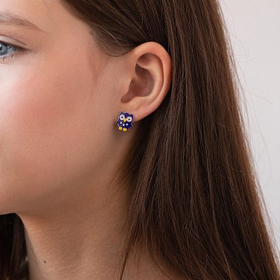 Детские серьги - пусеты "Совята" в серебре (эмаль) 448 №2