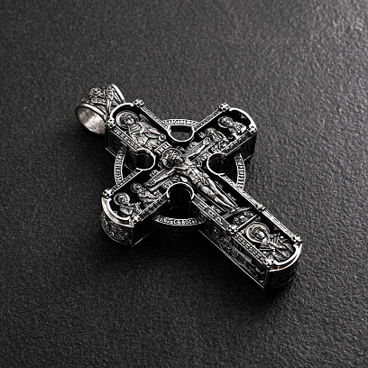 Срібний хрест "Ісус Христос зі святими. Спаси та Збережи" з ебеновим деревом 1602 №2