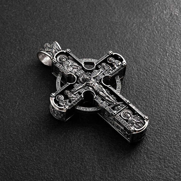 Срібний хрест "Ісус Христос зі святими. Спаси та Збережи" з ебеновим деревом 1602 від ювелірного магазину Онікс - 1