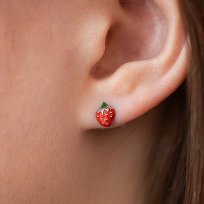 Серебряные серьги - пусеты "Клубничка" с эмалью 765 №4